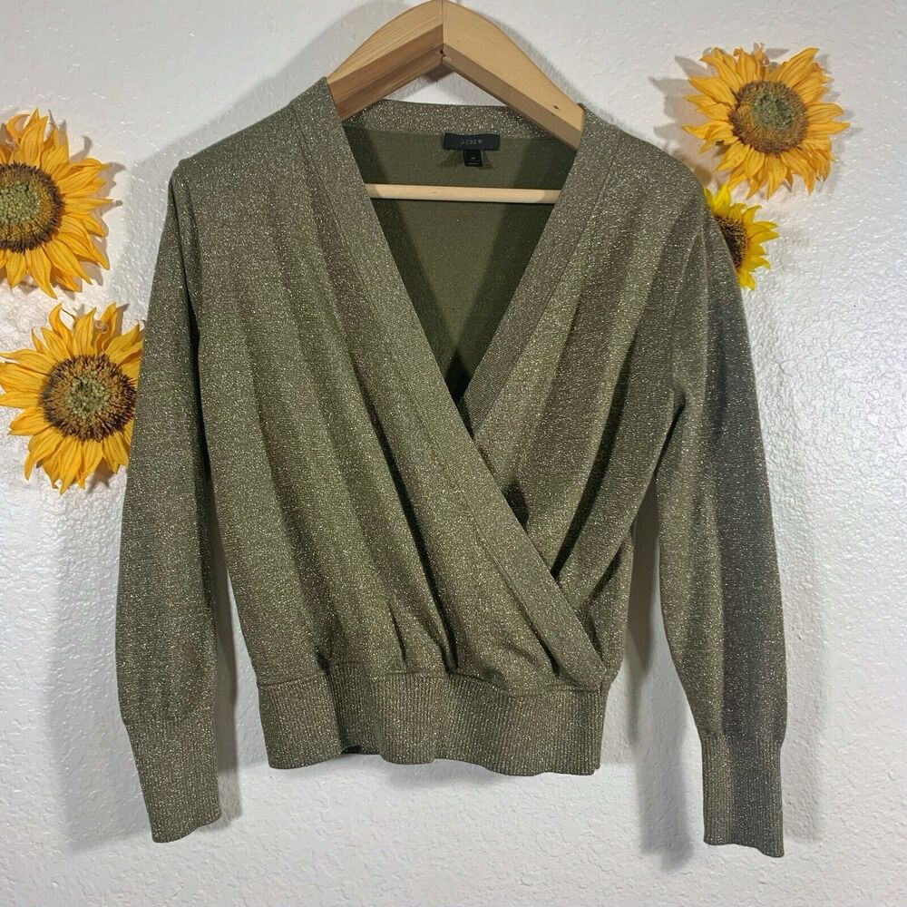 J. Crew Olive Green Metallic Non-Scratchy Merino Wool Sweater Size Medium Womens